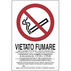 Cartello segnaletica "vietato fumare" con legge 30x20