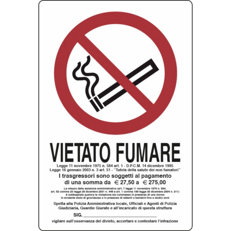 Cartello segnaletica "vietato fumare" con legge 30x20