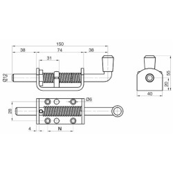 Perno a molla in acciaio inox con il diametro del perno Ã˜ 12mm e base di fissaggio 74x40mm