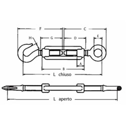 Tenditore ad occhio e gancio in acciaio con Ã˜ filetto 1/4" e l minima = 143mm